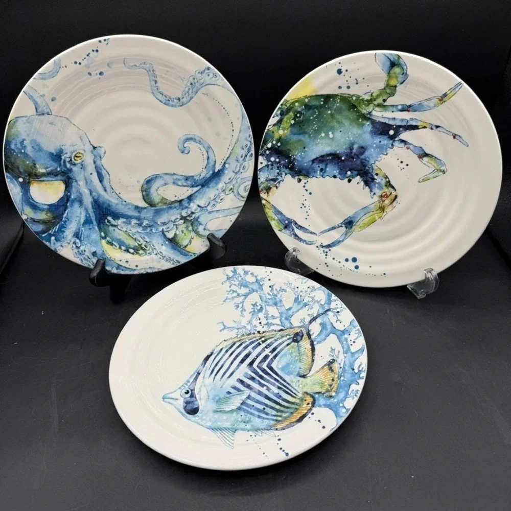 Pier 1 Sea Life Ocean Set of 3 Salad Plates Octopus Crab Angel Fish 8 3/4